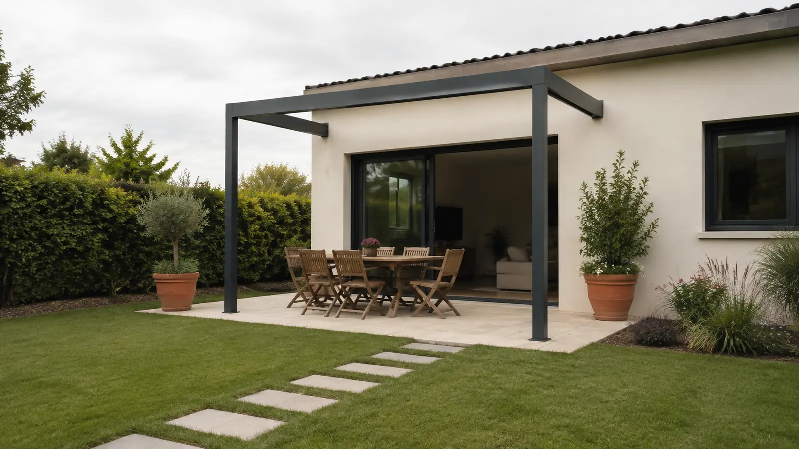 Terrasse avec pergola anthracite, table en bois et chemin de dalles menant au jardin