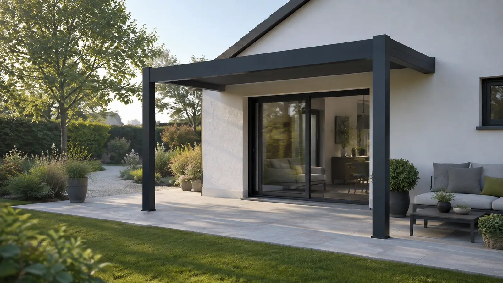 Pergola anthracite devant une baie vitrée avec terrasse dégagée et salon extérieur sur le côté