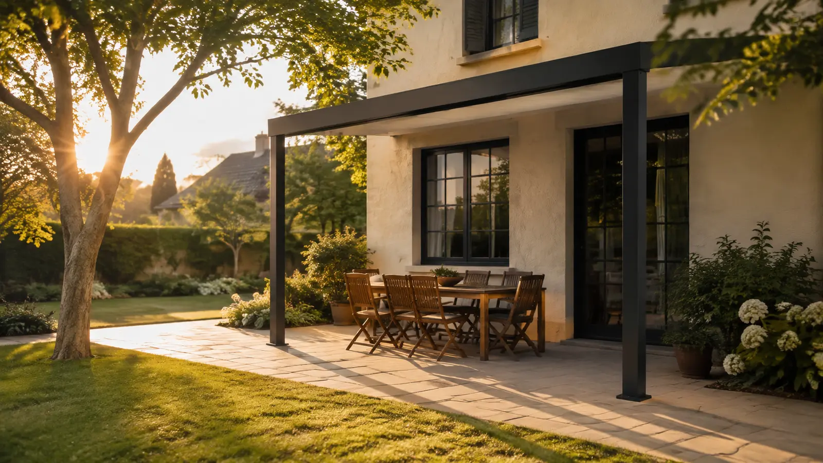 Pergola anthracite sur une terrasse éclairée par un soleil bas avec table à l’ombre et jardin lumineux