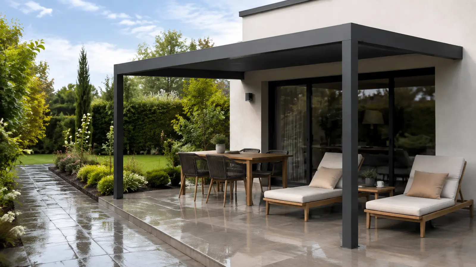 Terrasse humide après la pluie avec pergola anthracite, table en bois et deux bains de soleil