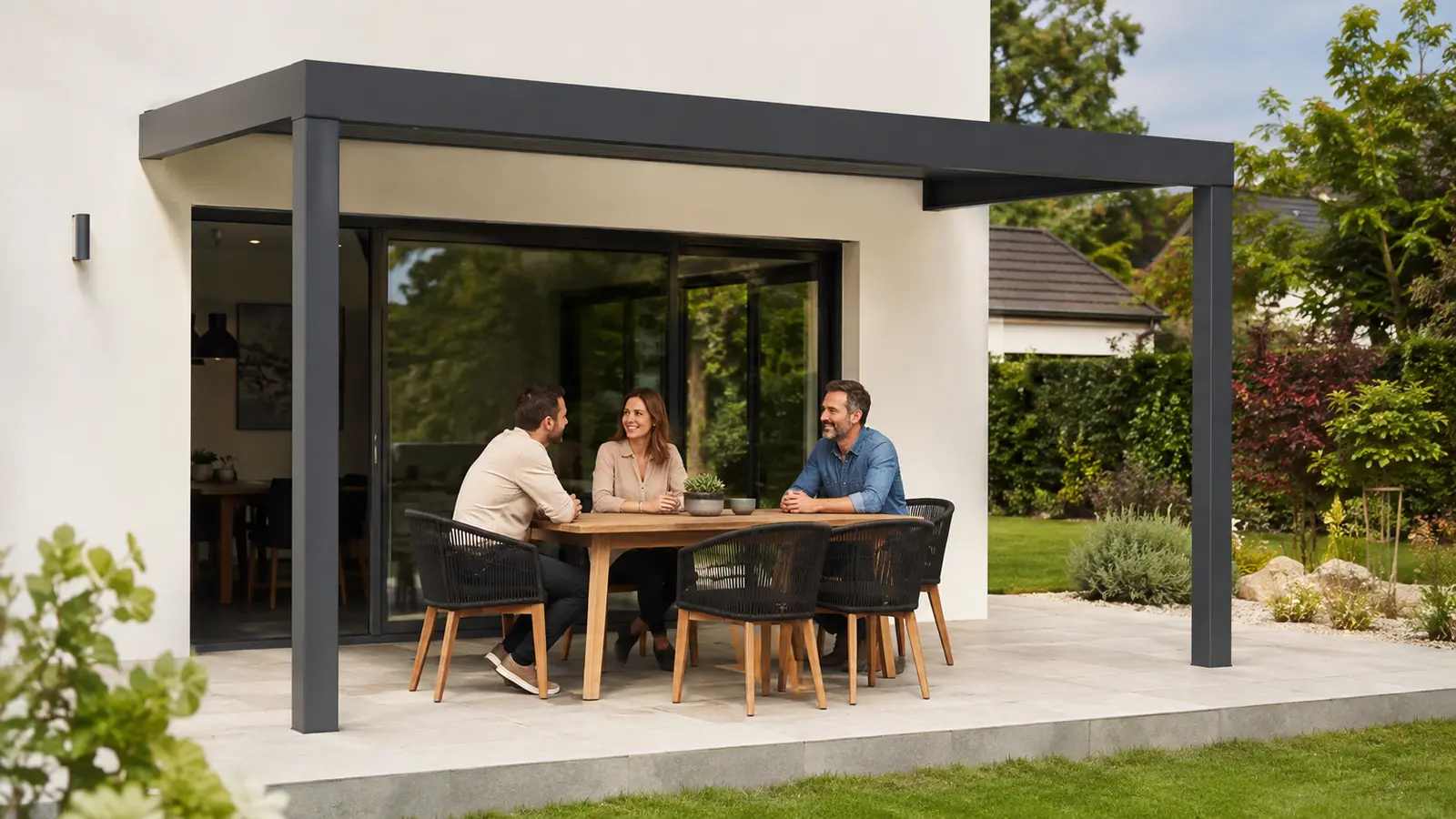 Trois adultes discutent autour d’une table sous une pergola anthracite devant une baie vitrée