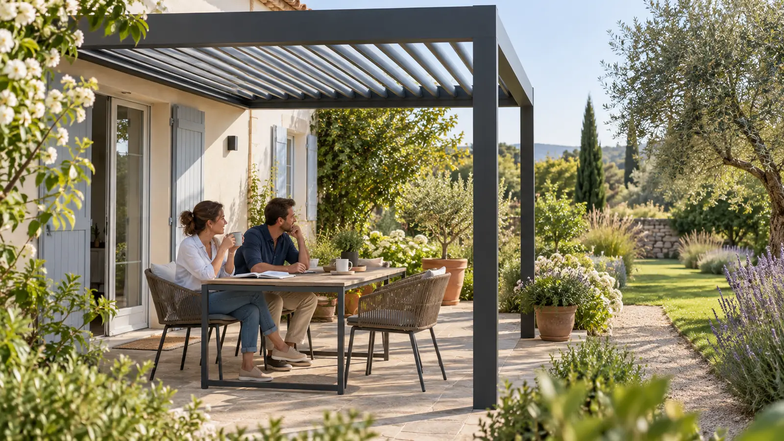 Deux adultes assis sous une pergola anthracite regardent leur jardin depuis une terrasse fleurie