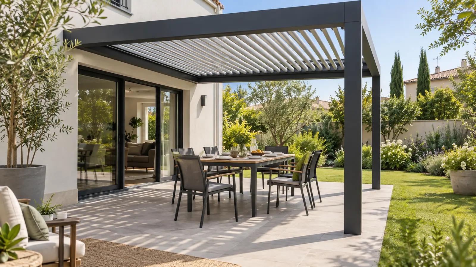 Table de repas installée sous une pergola anthracite avec passage dégagé vers le jardin