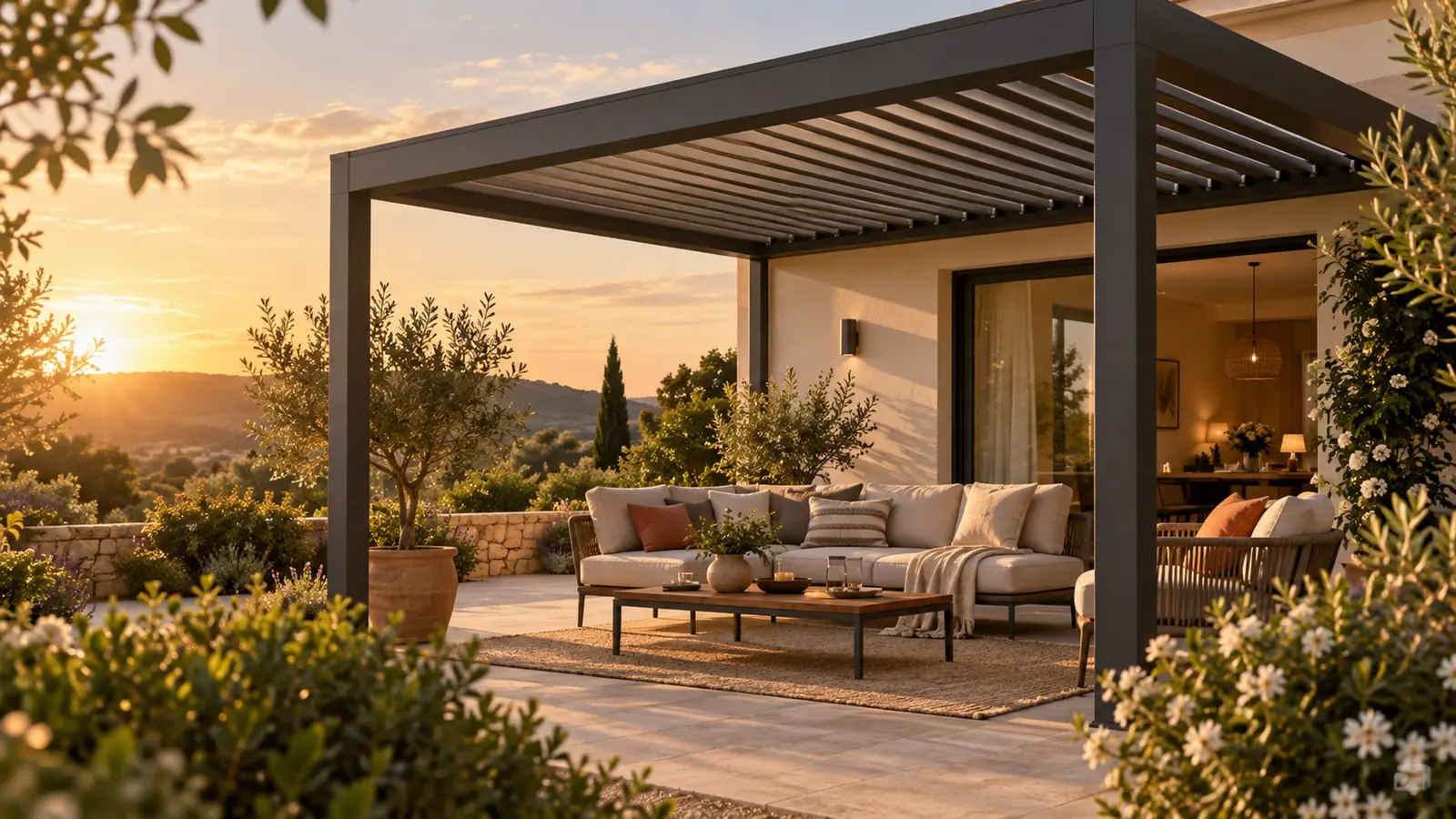 Salon extérieur sous une pergola anthracite éclairé par un soleil bas de fin de journée