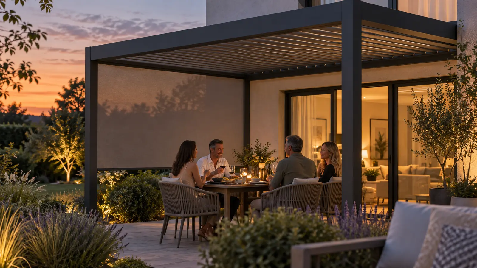 Quatre adultes dînent le soir sous une pergola anthracite avec panneau latéral ombrant