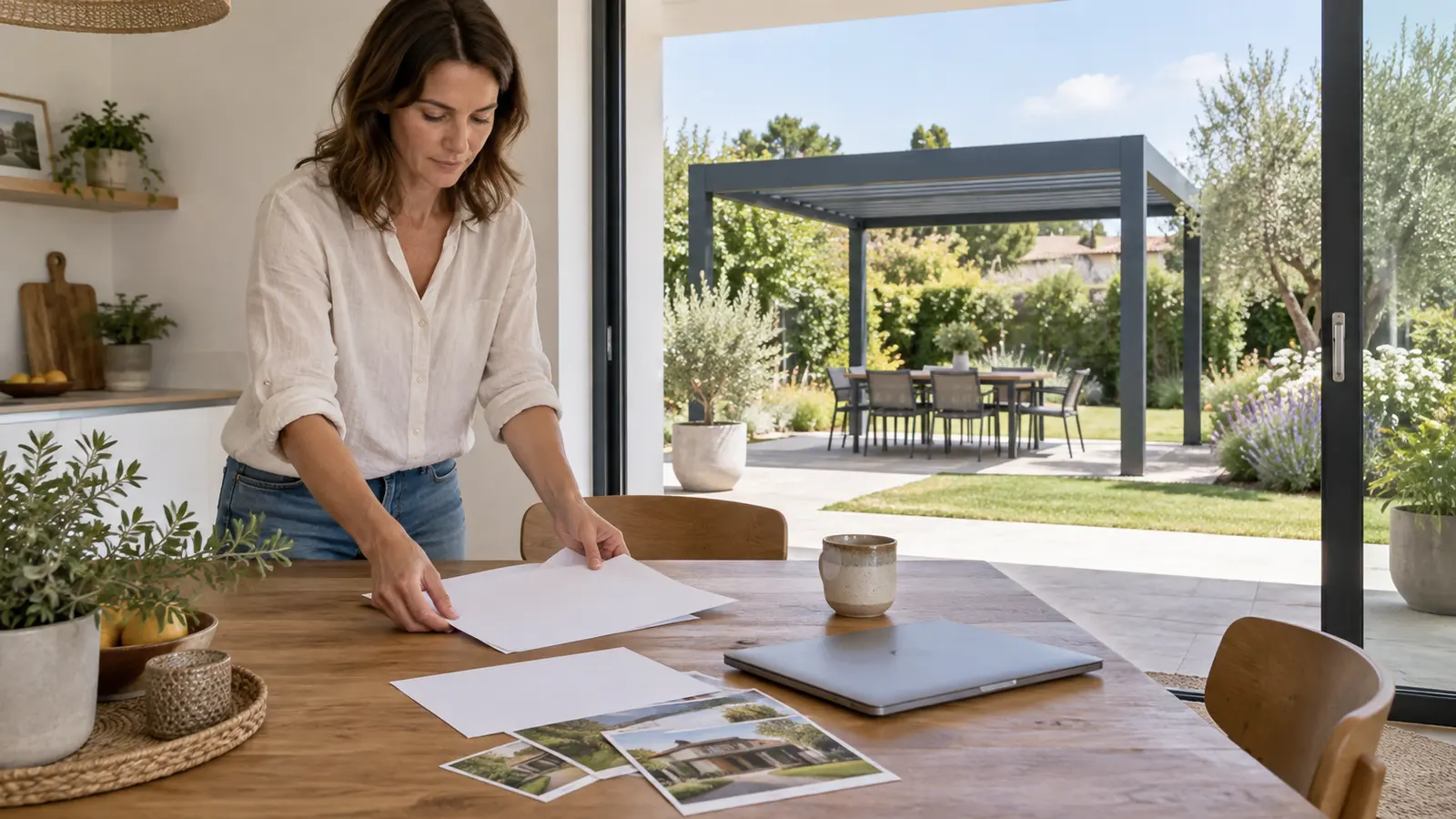 Une personne prépare des documents non lisibles sur une table avec une pergola visible dans le jardin