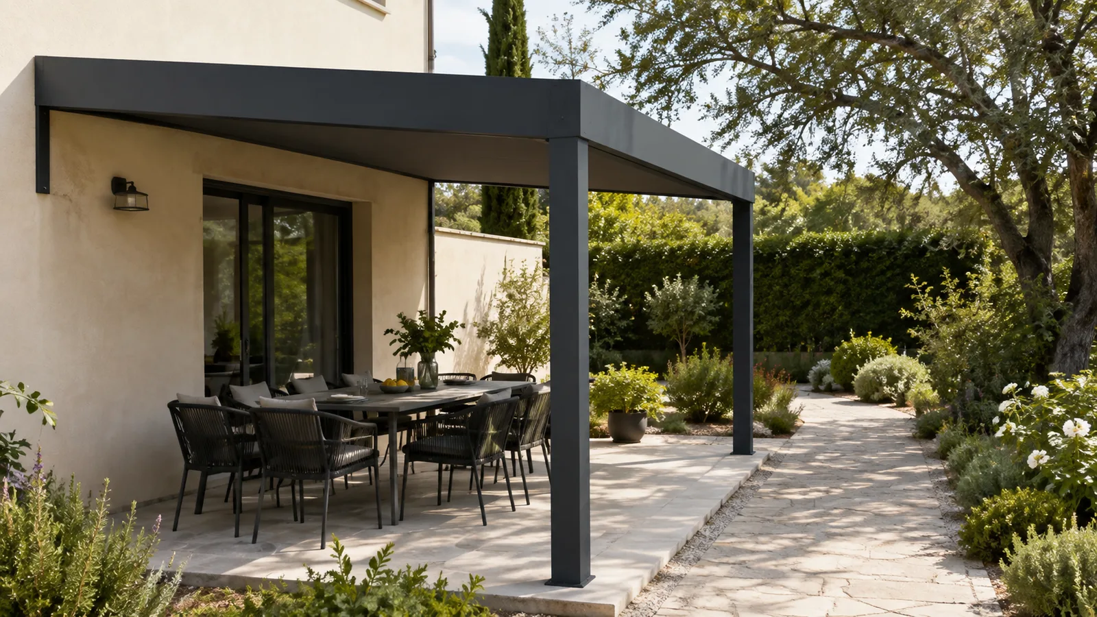 Table rectangulaire sous une pergola anthracite avec allée de jardin dégagée sur le côté