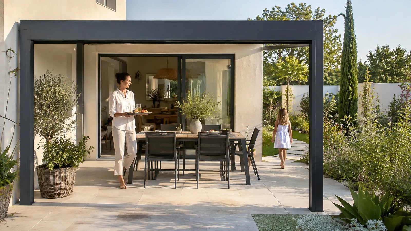 Adulte portant un plateau près d’une table sous une pergola avec accès ouvert au jardin