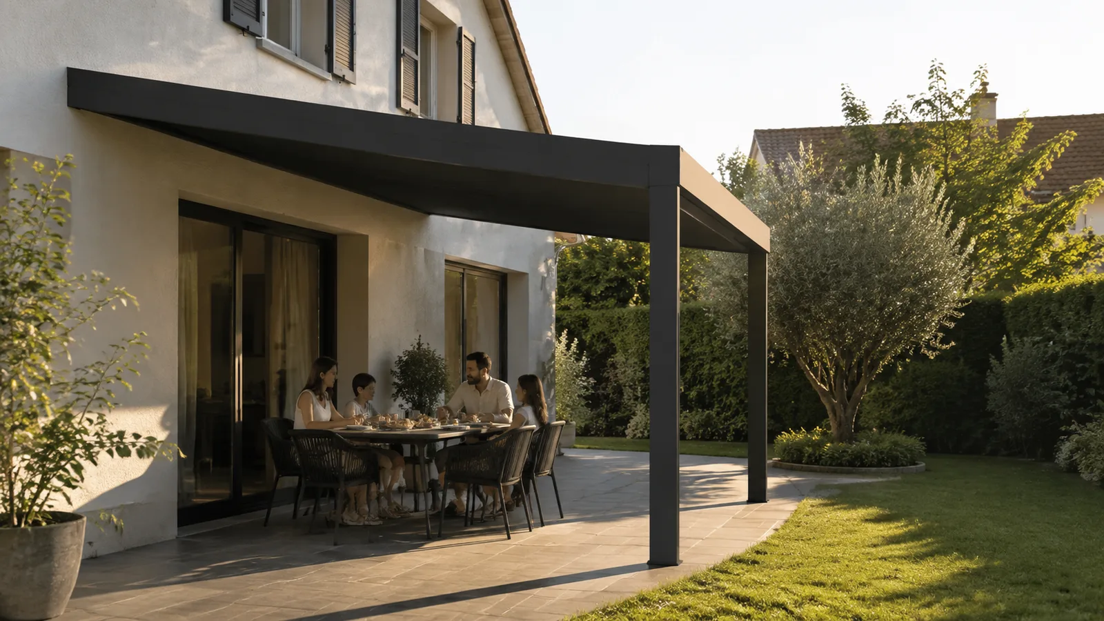 Repas familial à l’ombre sous une pergola anthracite avec jardin ensoleillé en fin de journée