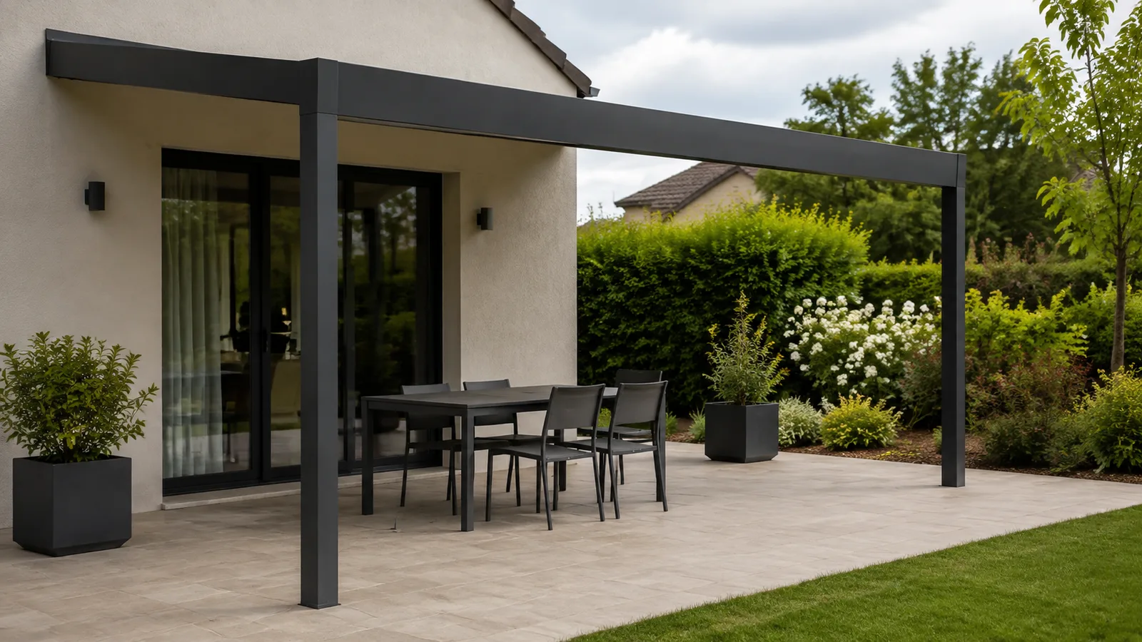Pergola anthracite adossée avec table compacte, jardinières et large espace libre sur la terrasse