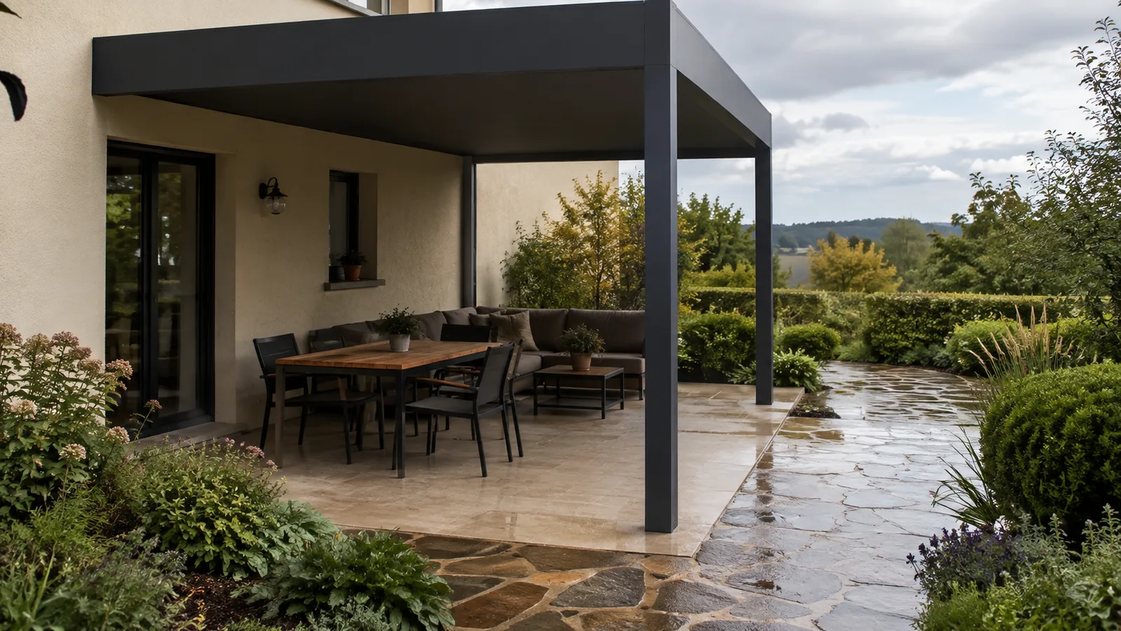 Terrasse abritée sous une pergola anthracite avec allée de jardin humide après une averse