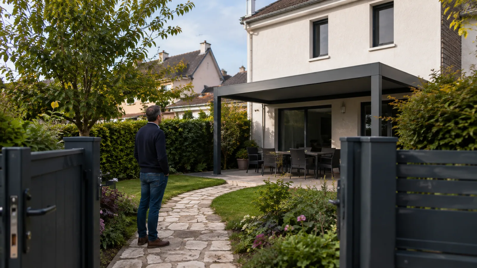 Propriétaire observant depuis un portail une pergola visible au fond d’un jardin résidentiel