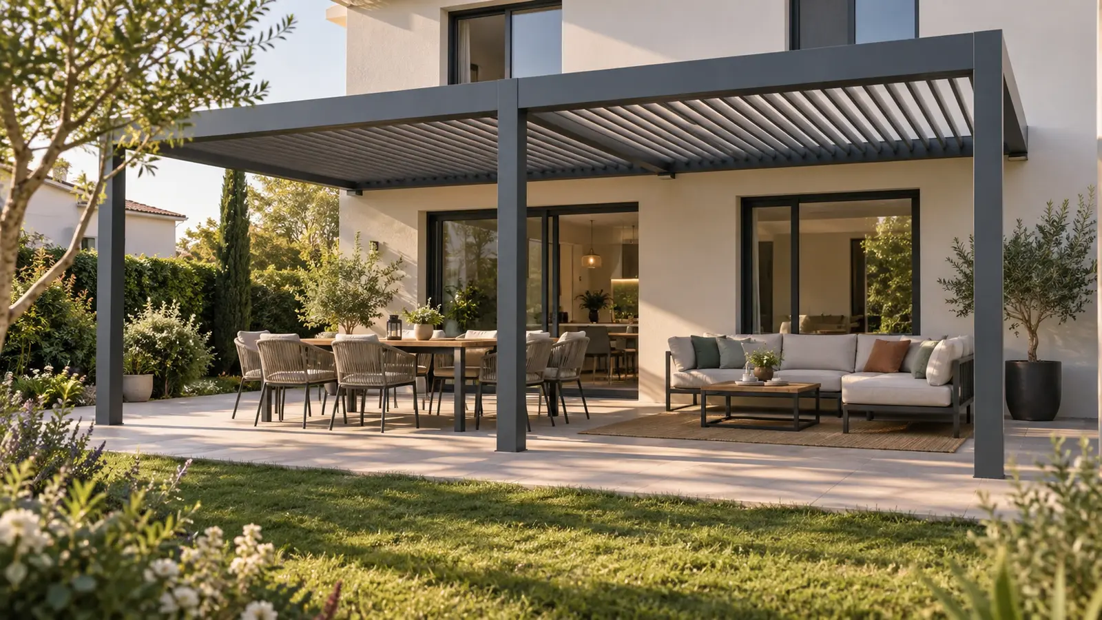 Pergola bioclimatique de 25 m² : modules, appuis et organisation