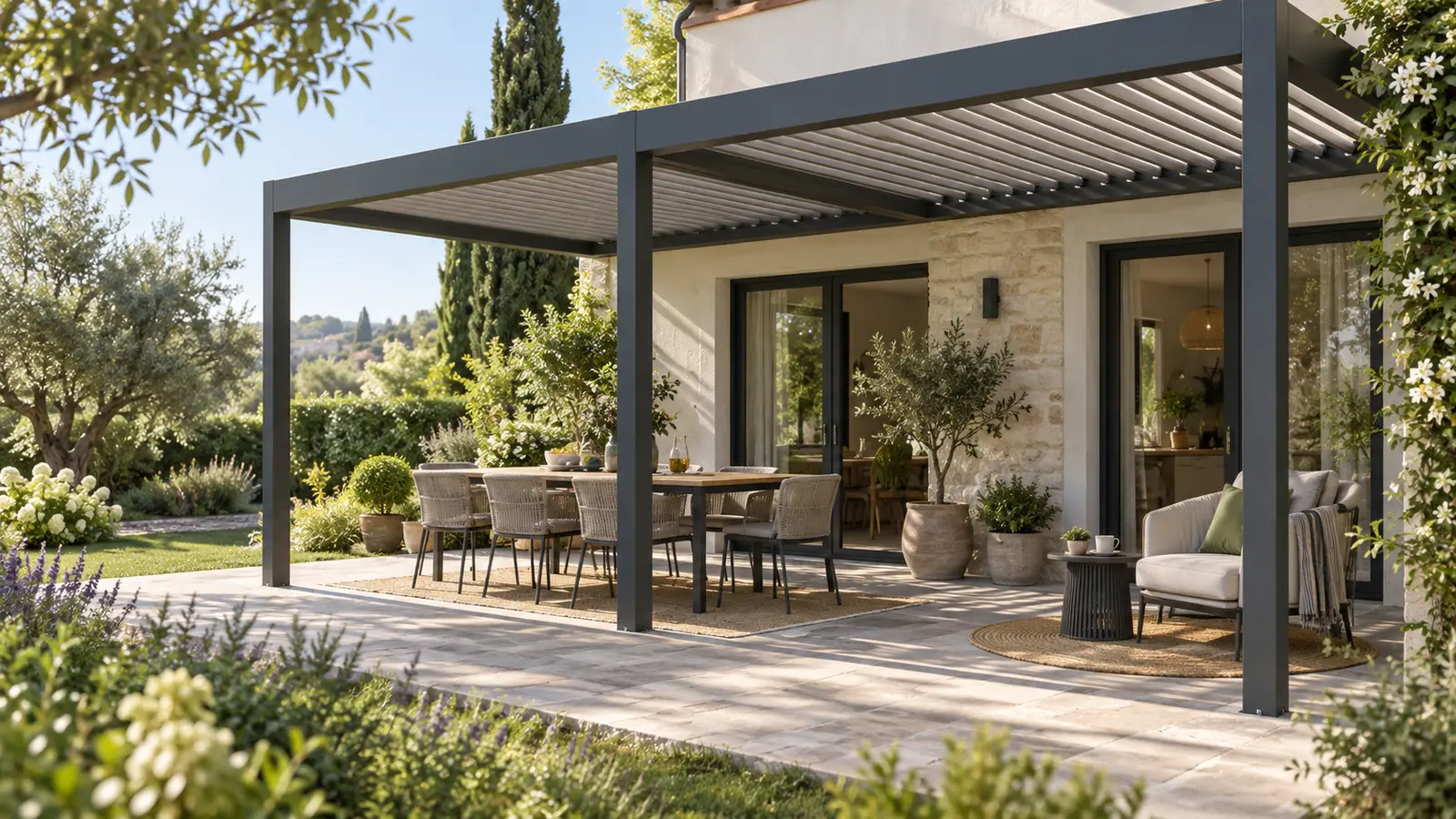 Pergola bioclimatique adossée couvrant une table familiale et un fauteuil près du jardin