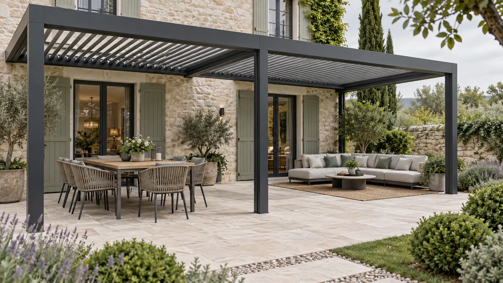 Terrasse sous pergola avec une table à manger à gauche et un canapé extérieur à droite