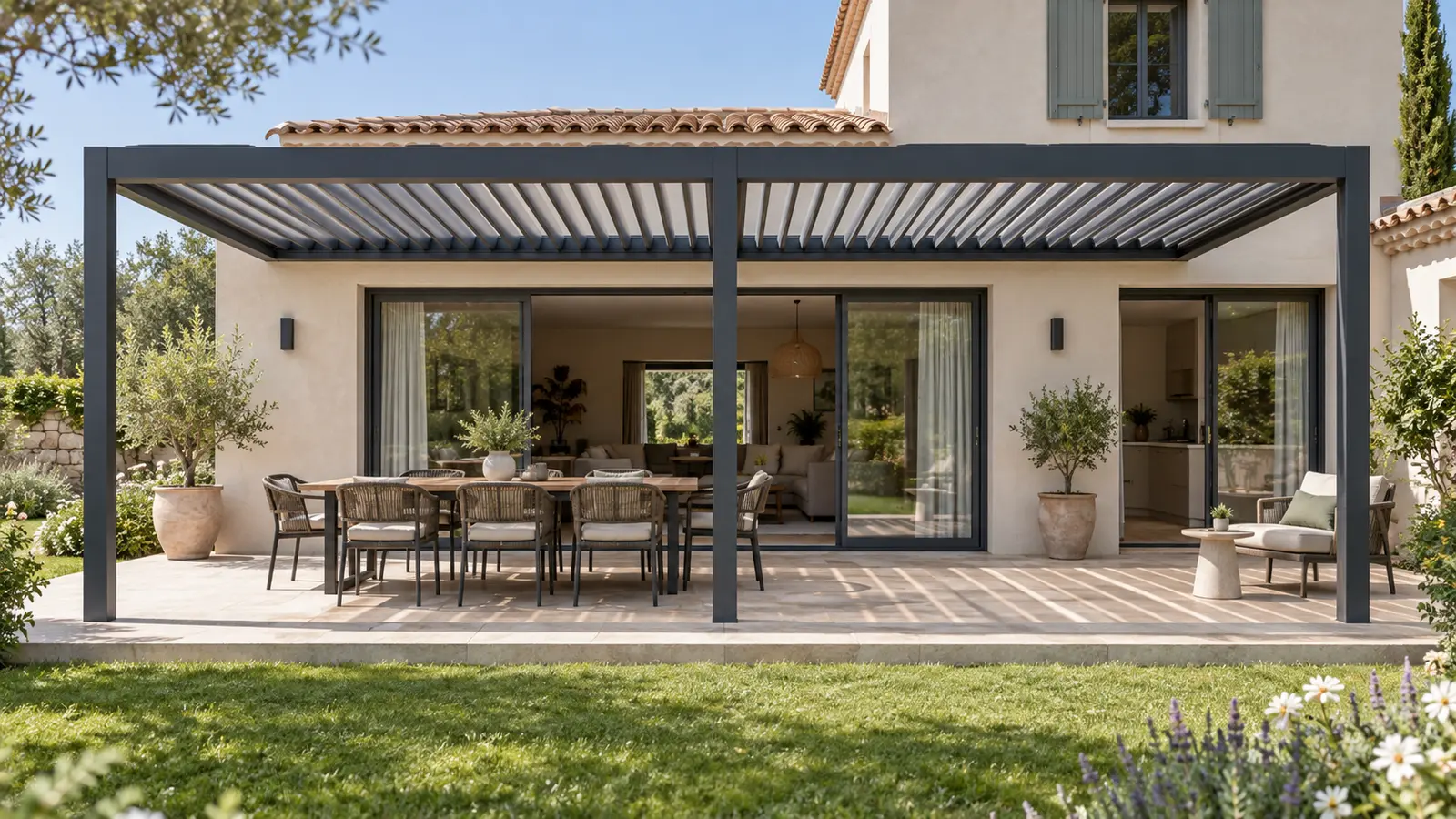 Pergola bioclimatique large alignée devant plusieurs baies vitrées sans bloquer les ouvertures