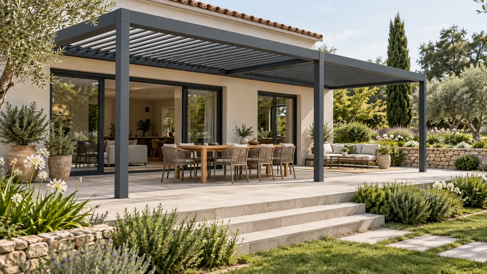 Terrasse avec marches de jardin et espace dégagé entre les baies vitrées et le mobilier