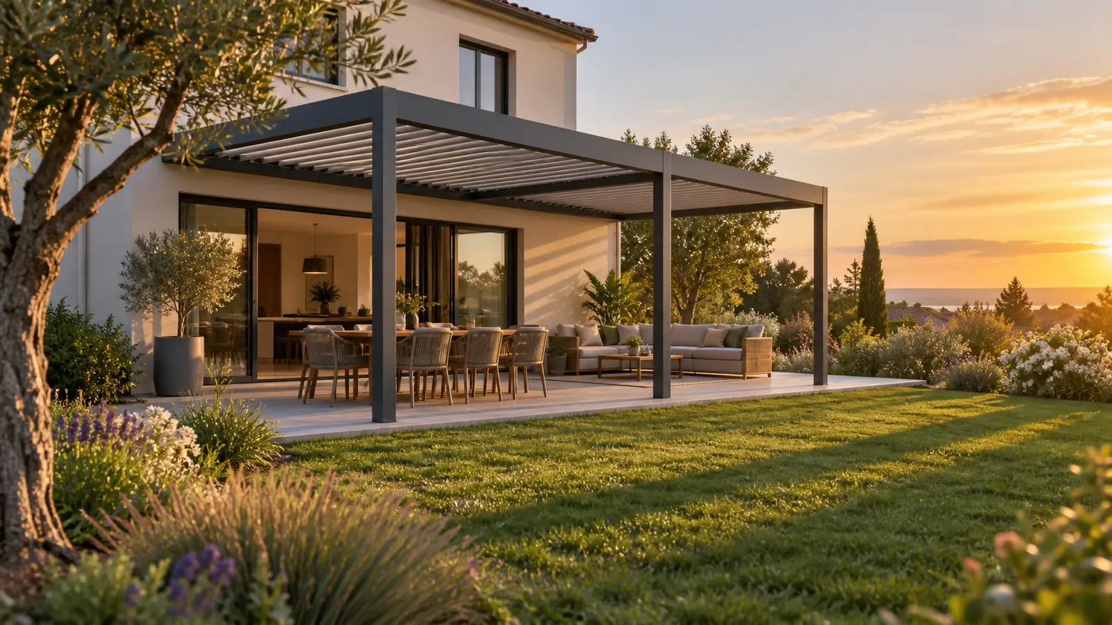 Grande pergola bioclimatique au soleil du soir avec ombres longues sur le jardin