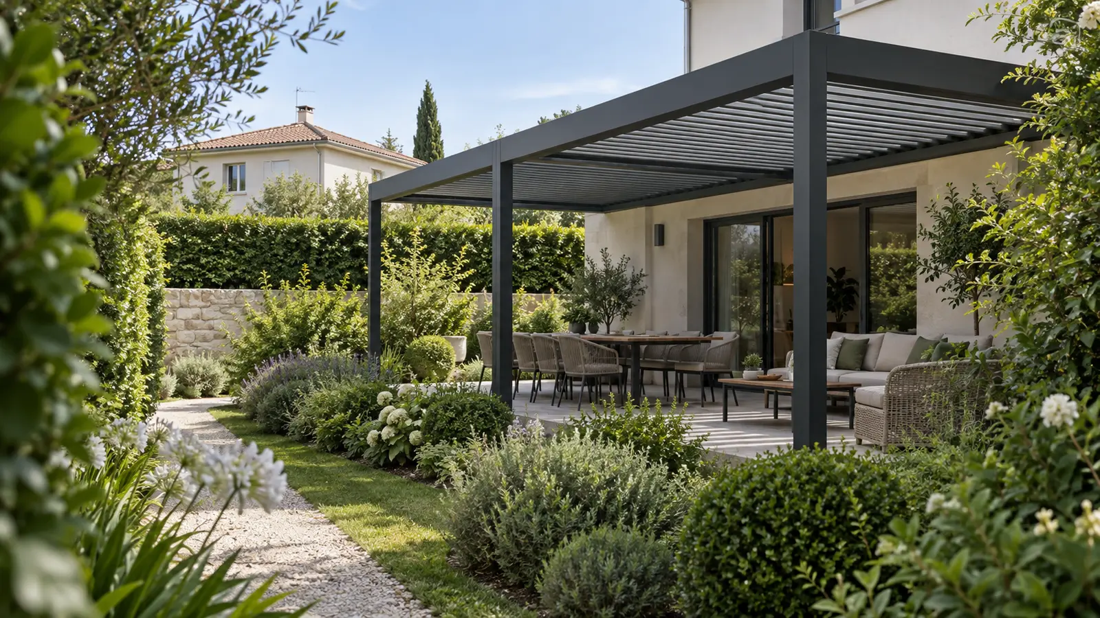 Pergola bioclimatique visible depuis un jardin latéral avec haies et maison voisine en arrière-plan