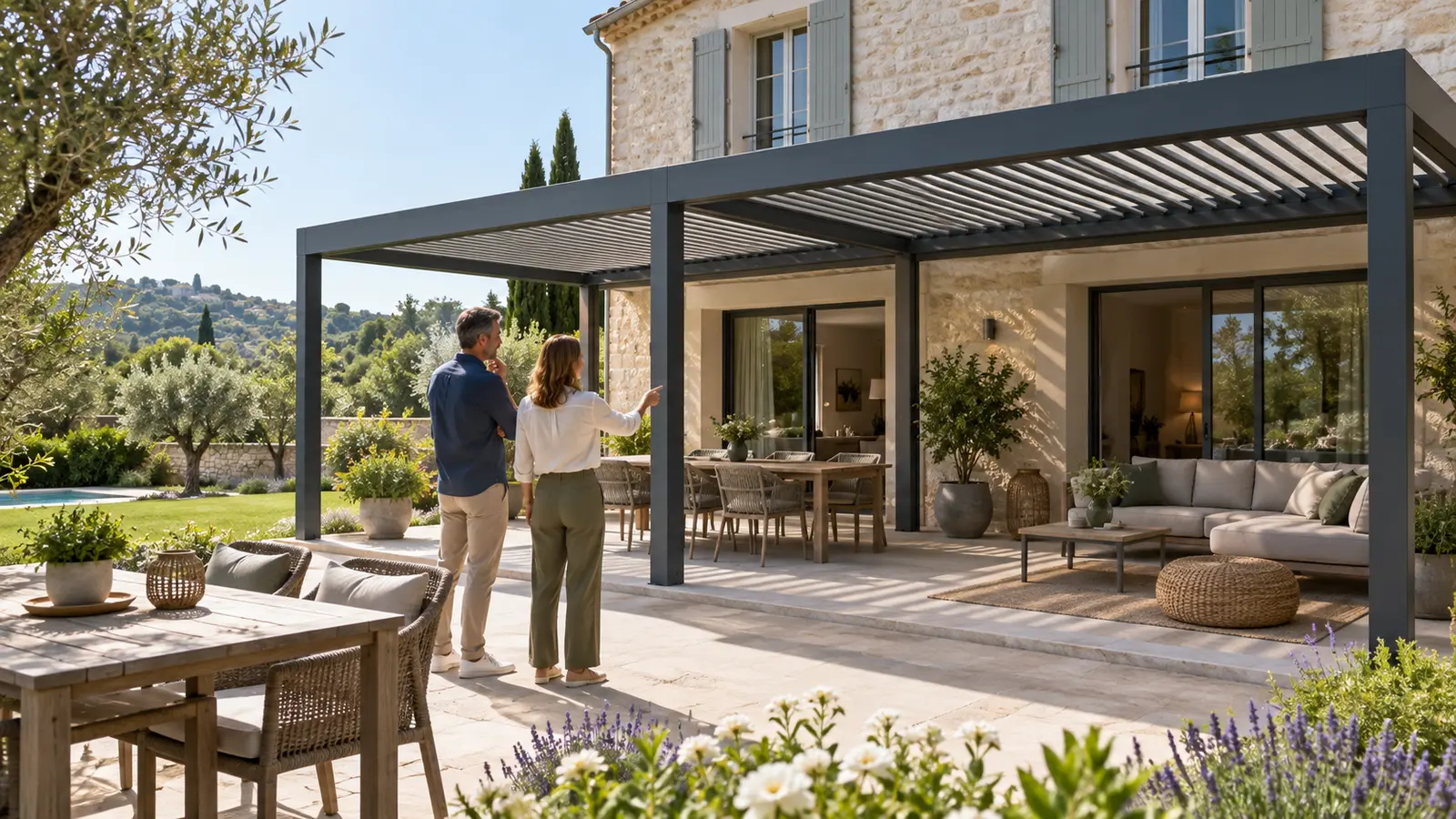Deux adultes observent une grande terrasse avec pergola bioclimatique avant une demande de devis