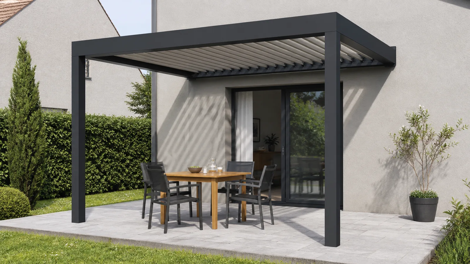 Pergola adossée anthracite de format carré avec table en bois et quatre chaises sur une petite terrasse