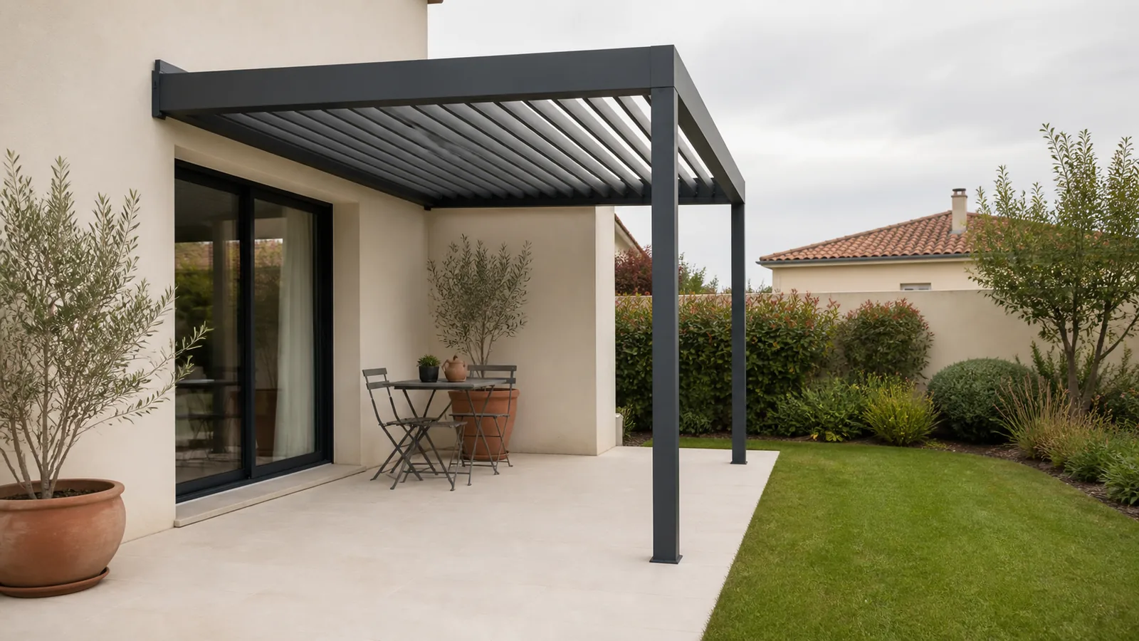 Petite table bistro placée contre la façade sous une pergola avec large trajet libre jusqu’à la pelouse