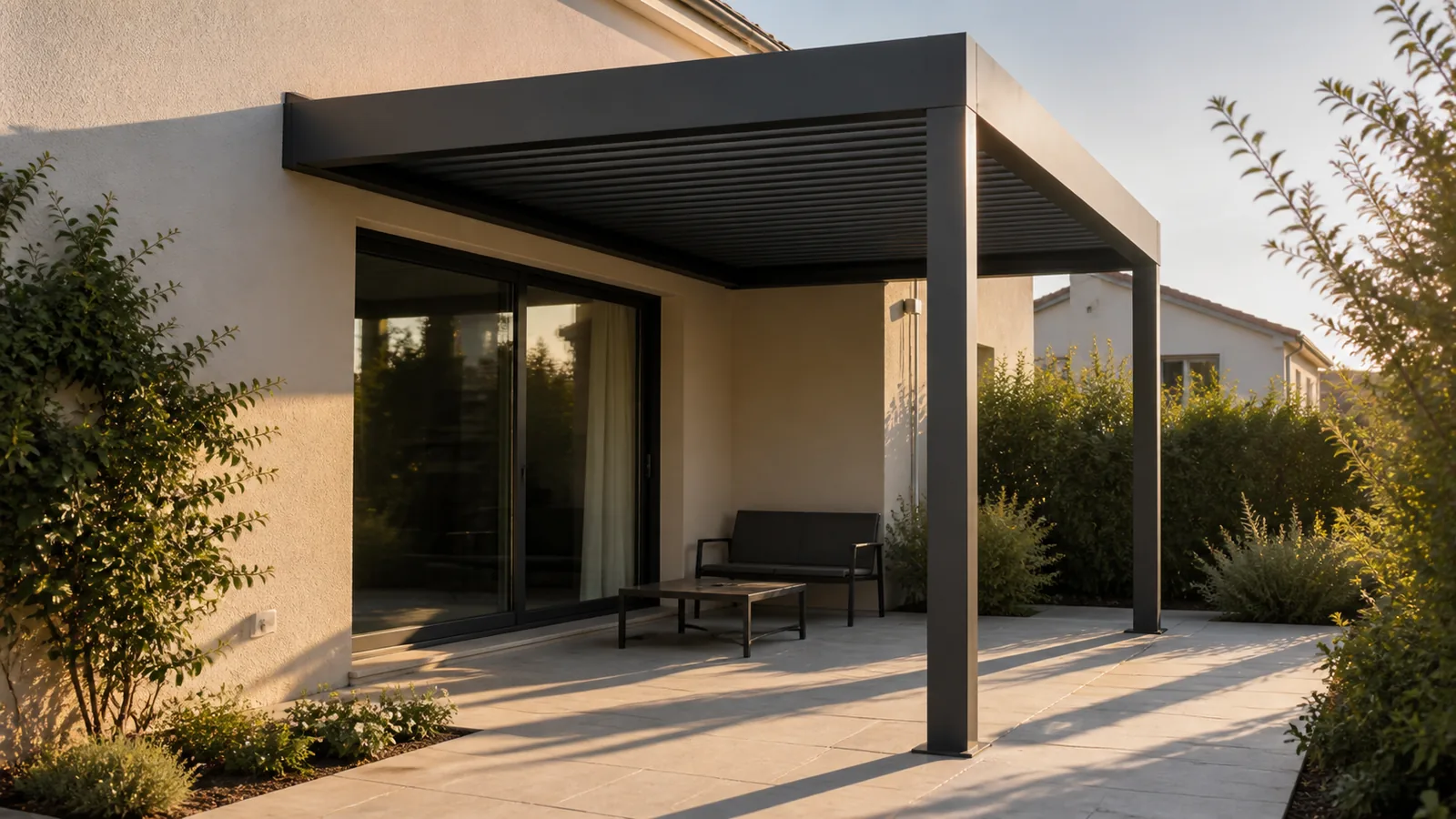 Pergola adossée anthracite avec banc à l’ombre et soleil bas éclairant le bord droit de la terrasse