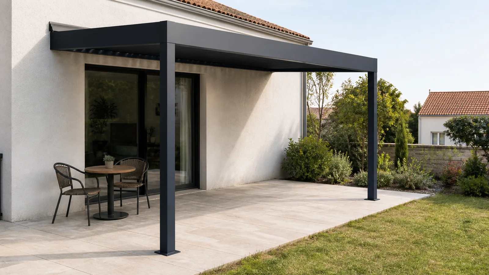 Pergola adossée anthracite avec table bistro, deux chaises et grande zone libre devant une baie vitrée