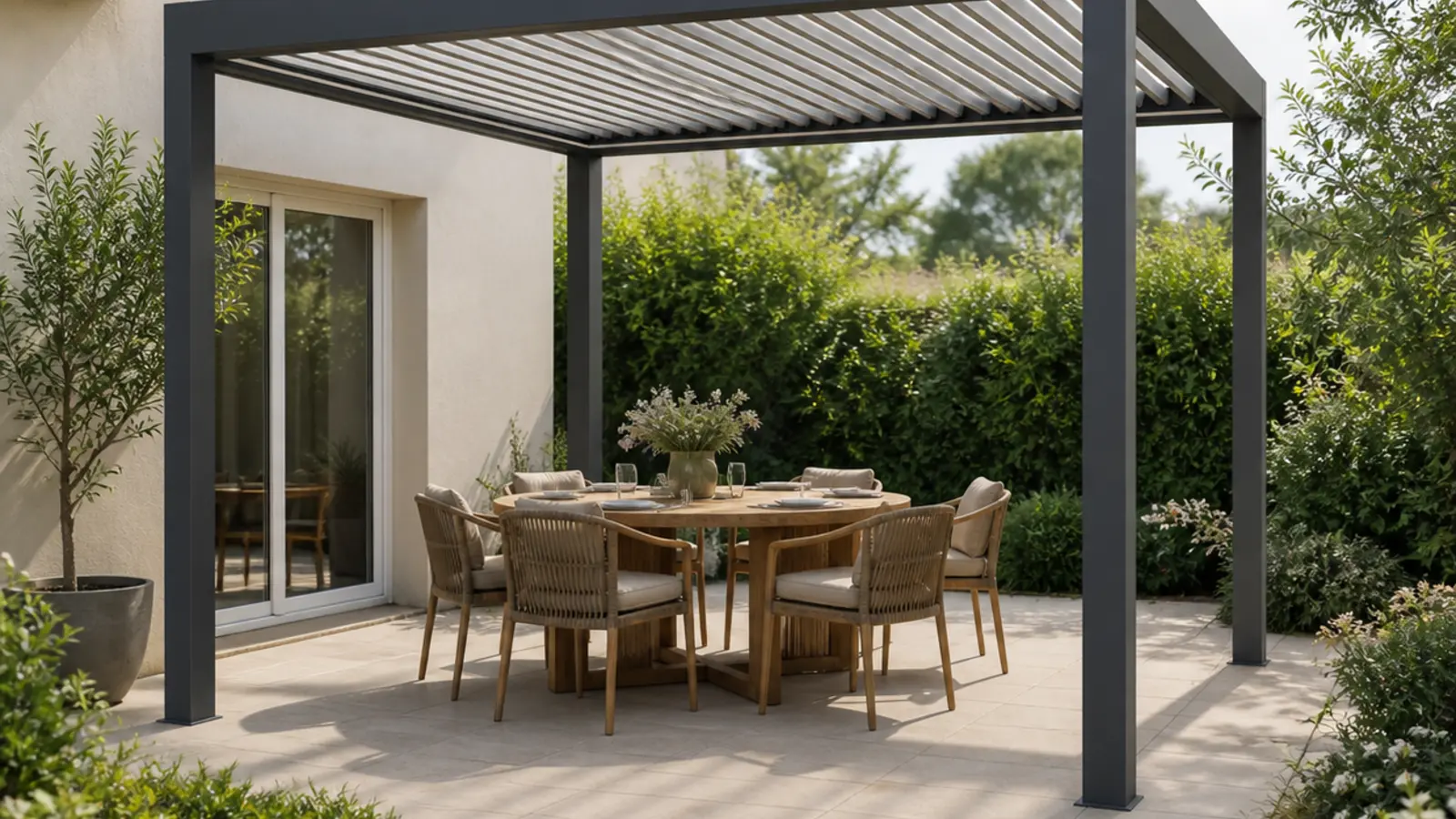 Pergola carrée autoportée avec table ronde et passage dégagé autour des chaises