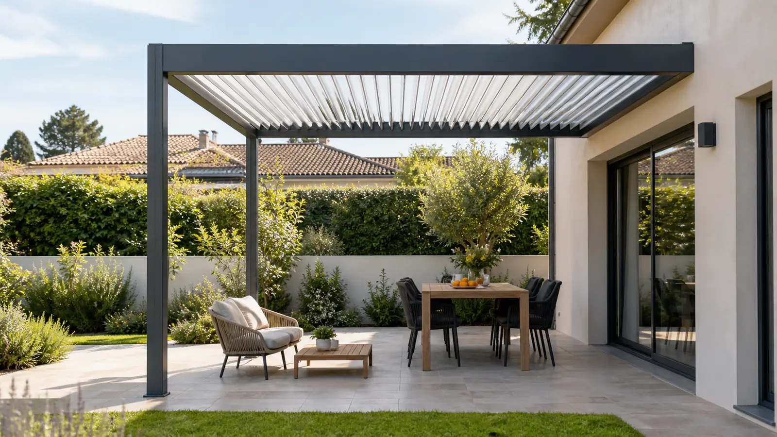 Pergola carrée adossée divisée entre une table près de la baie et un petit salon côté jardin