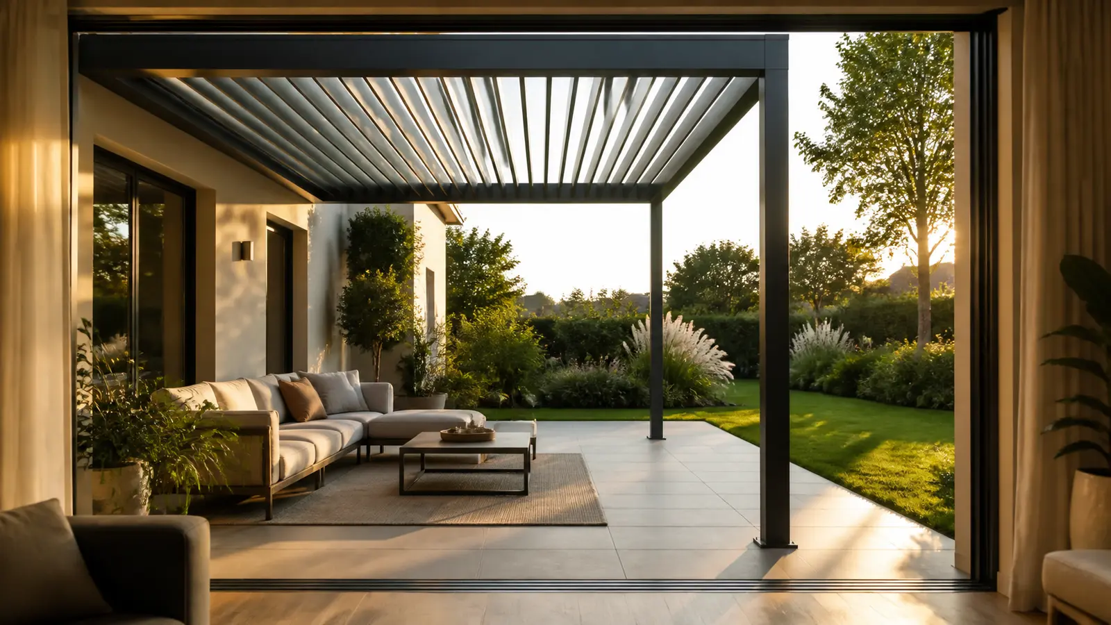 Salon ombragé sous une pergola carrée ouverte sur un jardin éclairé en fin de journée