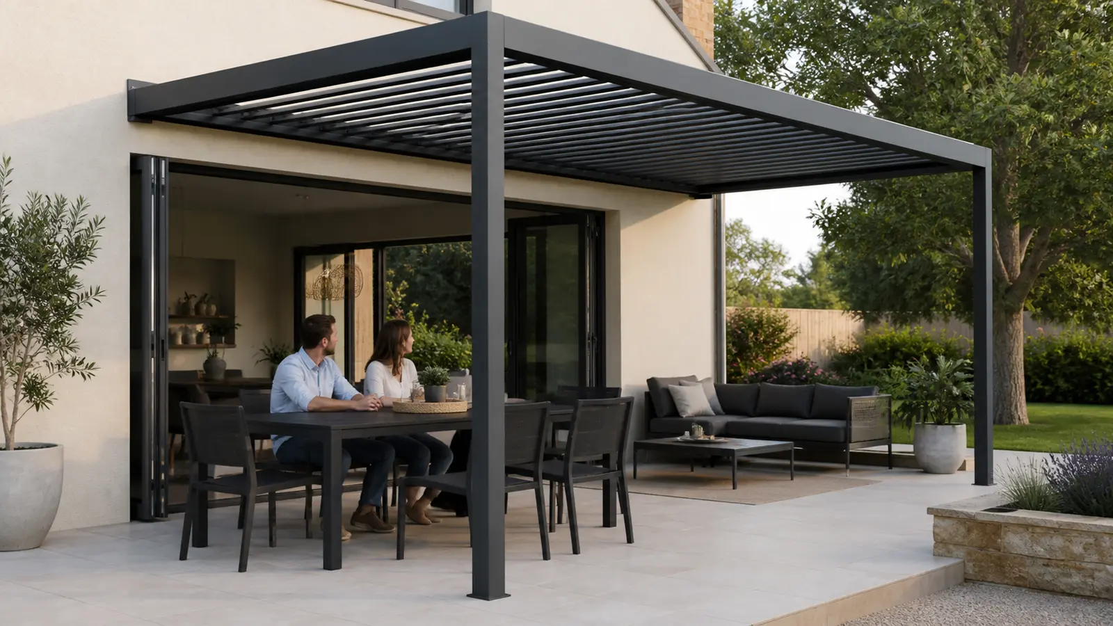 Couple assis sous une pergola carrée observant la terrasse et le jardin