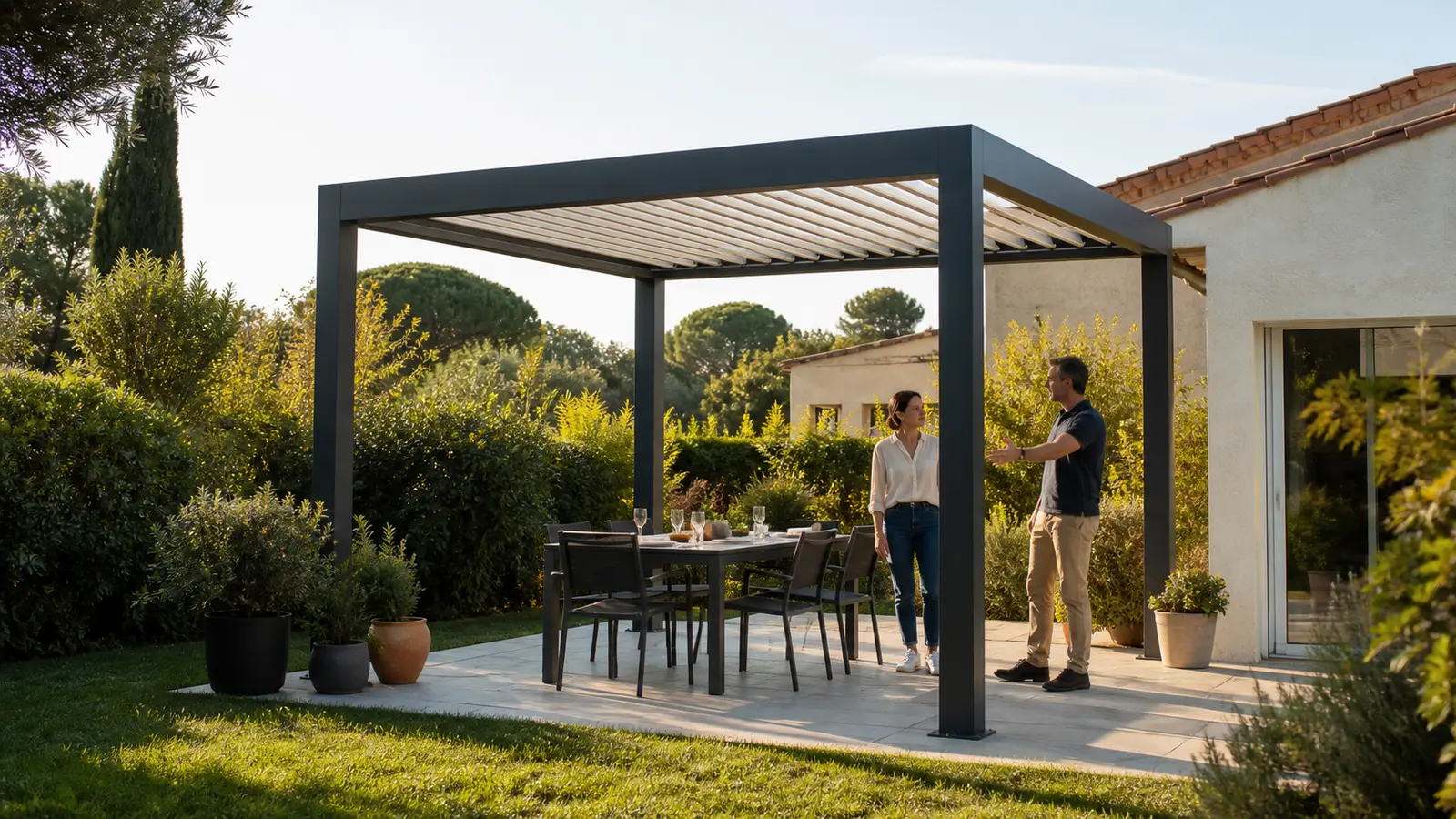 Propriétaire et conseiller échangeant près d’une pergola carrée meublée dans un jardin