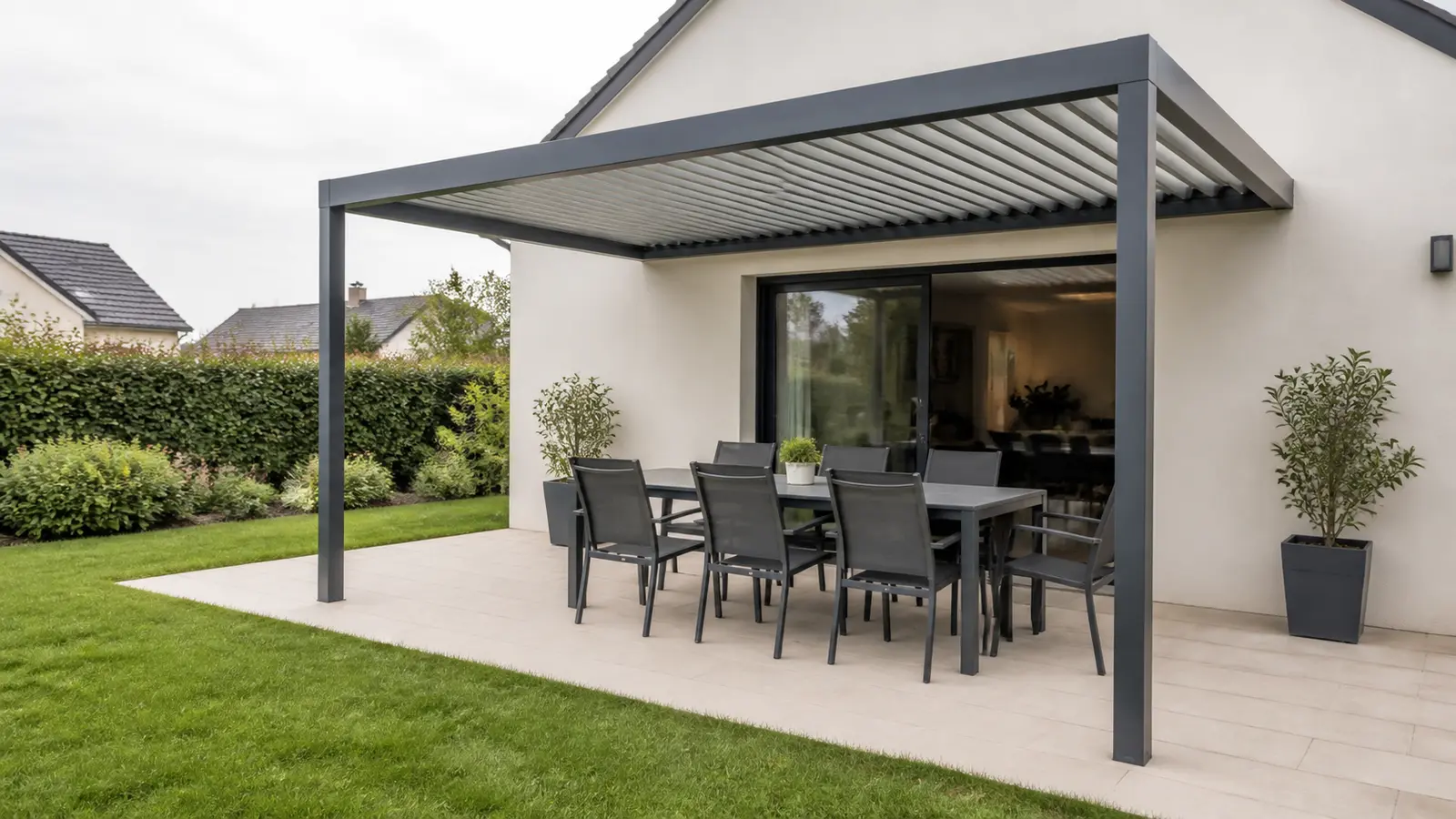 Pergola adossée de forme allongée avec table rectangulaire et espace libre côté jardin