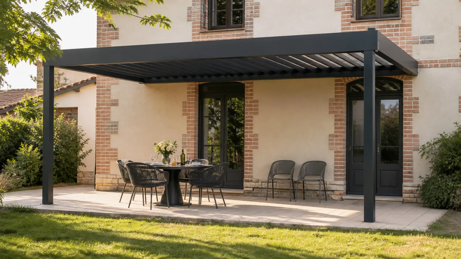 Table ronde pour quatre personnes et deux chaises d’appoint sous une pergola adossée anthracite