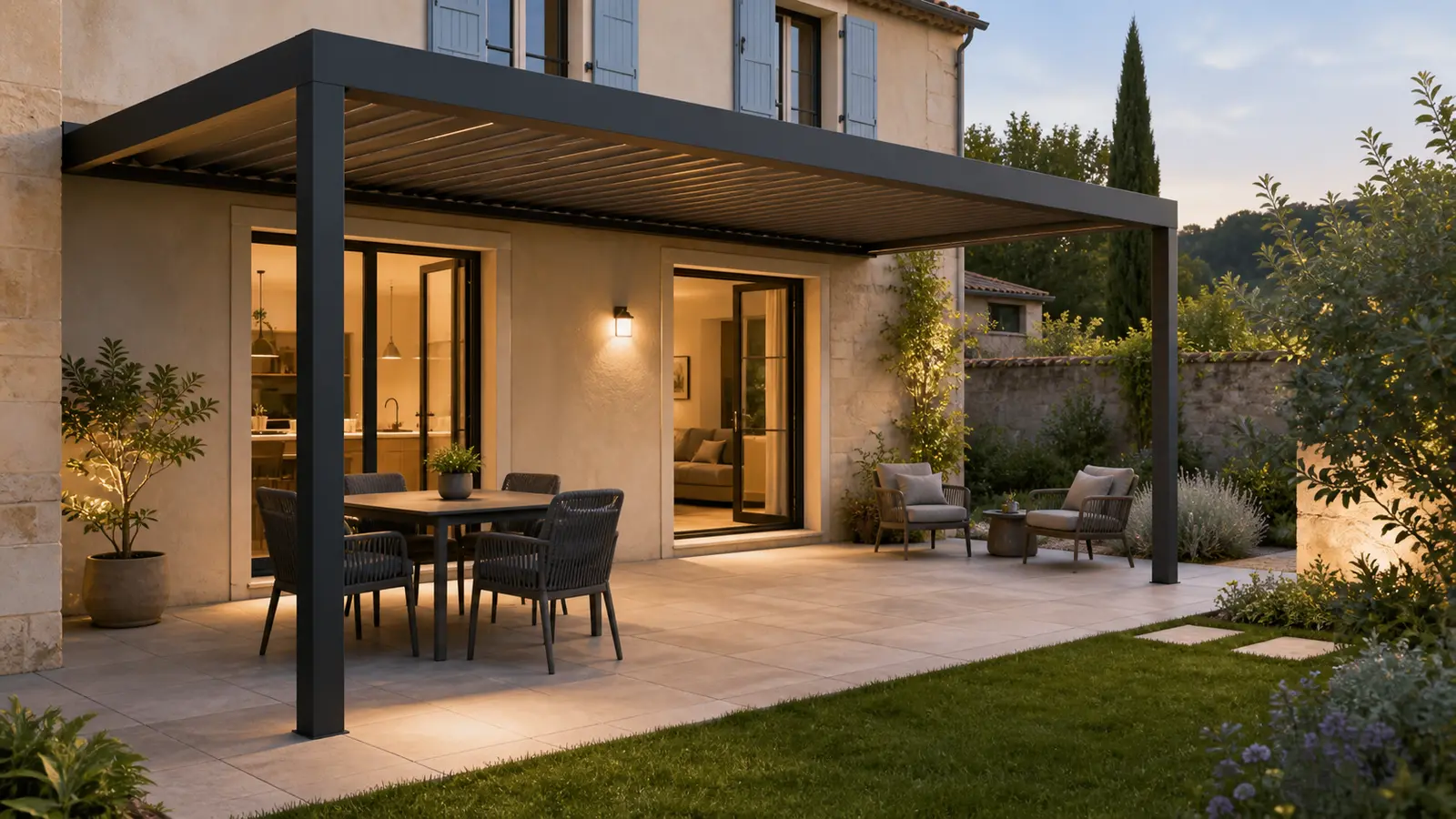 Pergola adossée avec coin repas près de la maison et deux fauteuils ouverts sur le jardin