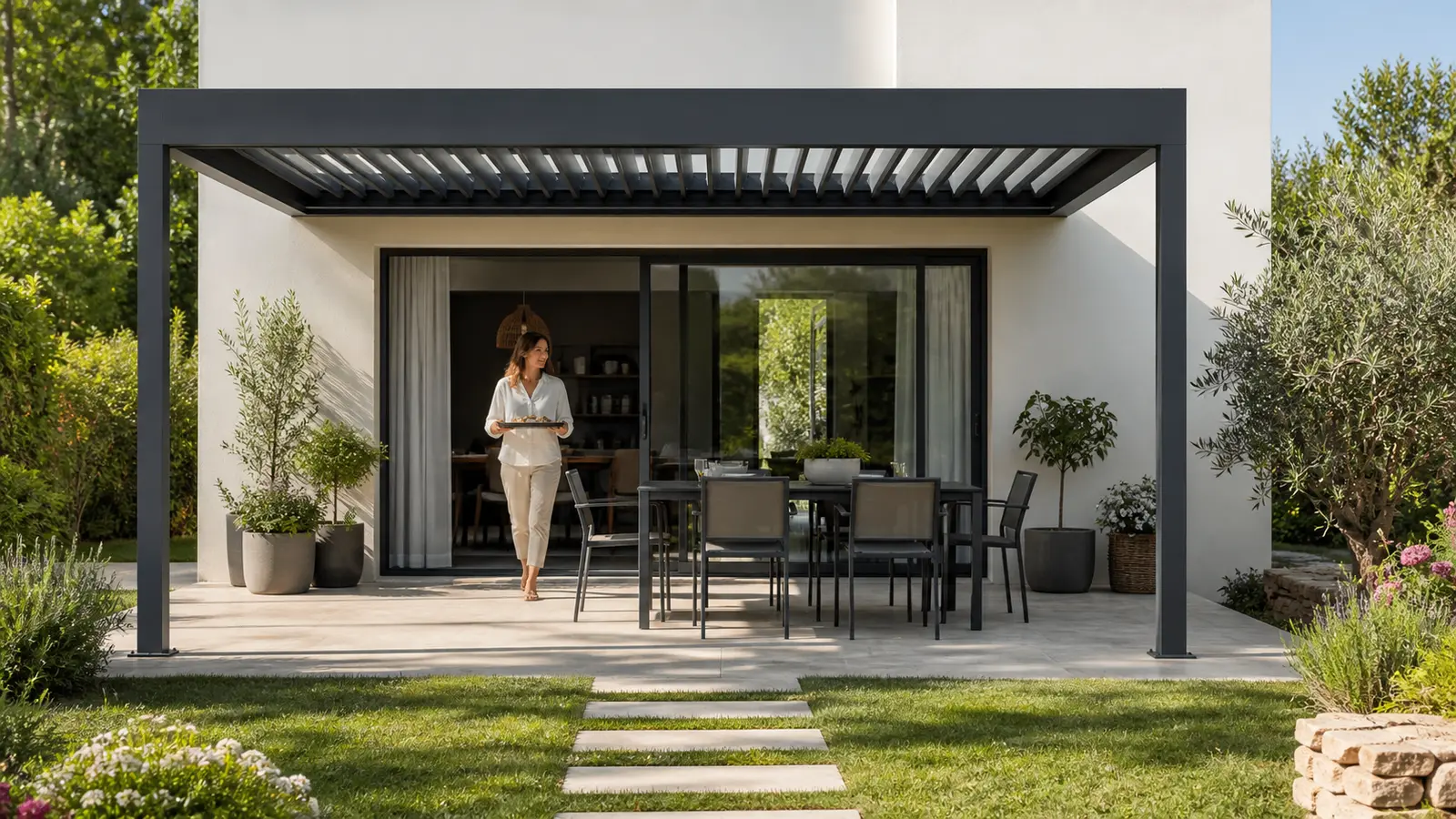 Personne portant un plateau entre une baie ouverte et une table sous une pergola adossée