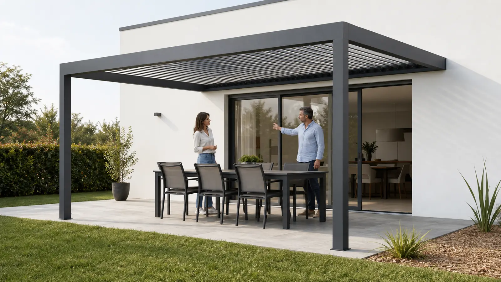 Propriétaire et conseiller échangeant près d’une table sous une pergola adossée anthracite