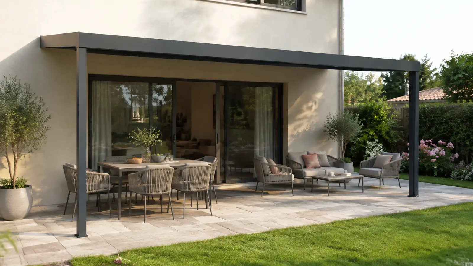Table de repas et petit salon séparés sous une pergola adossée devant une baie vitrée