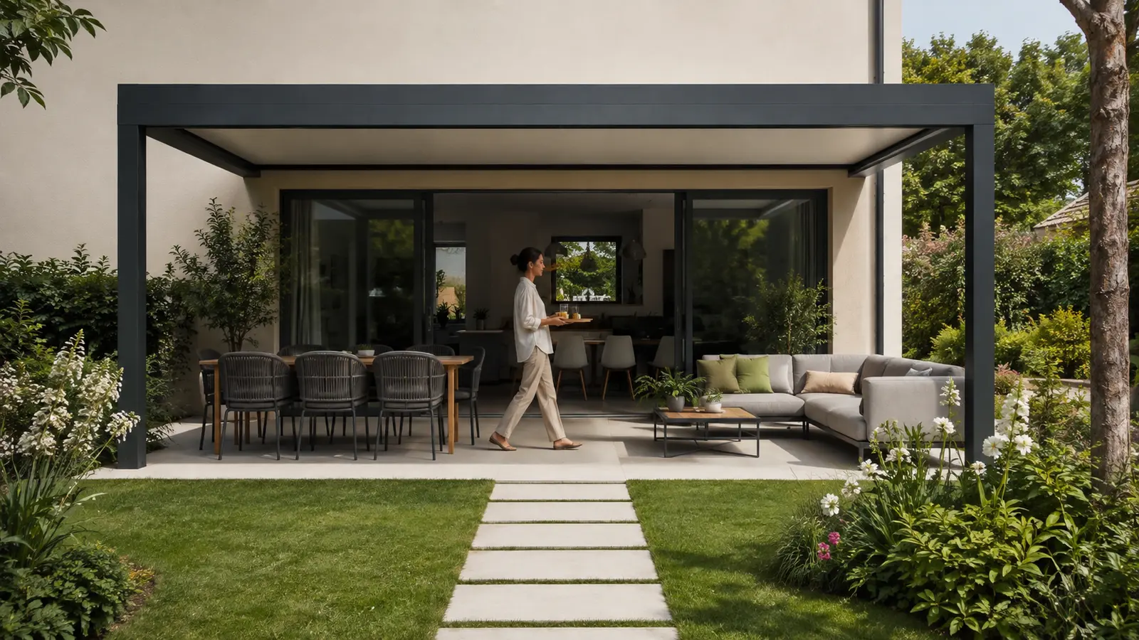 Personne portant un plateau entre une table et un salon sous une pergola avec chemin dégagé