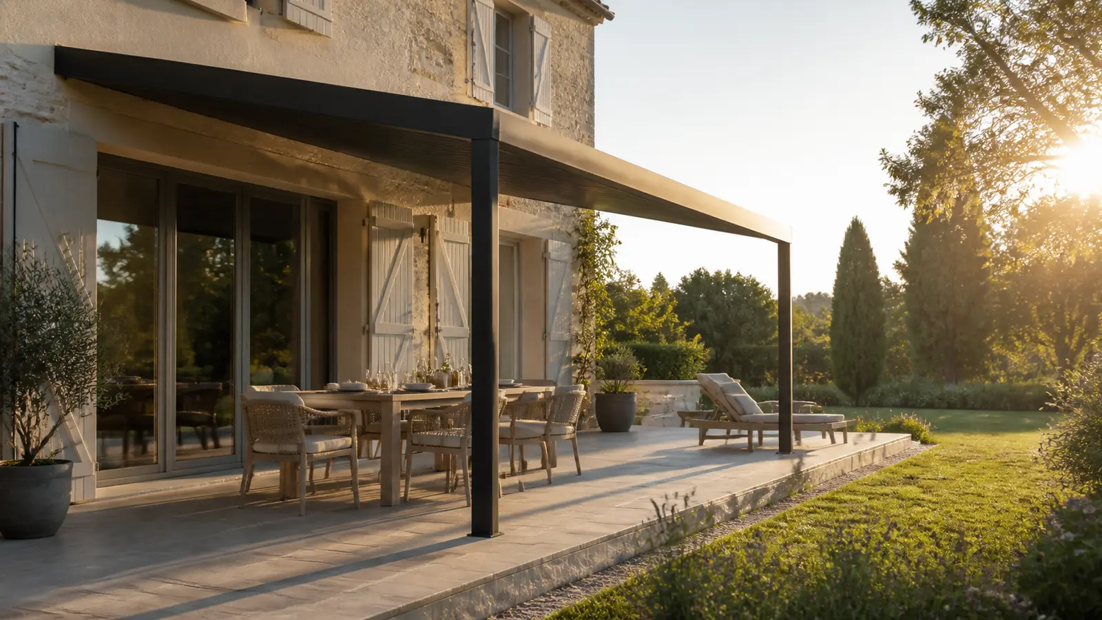 Pergola adossée sur une terrasse en pierre avec table à l’ombre et jardin éclairé par le soleil bas