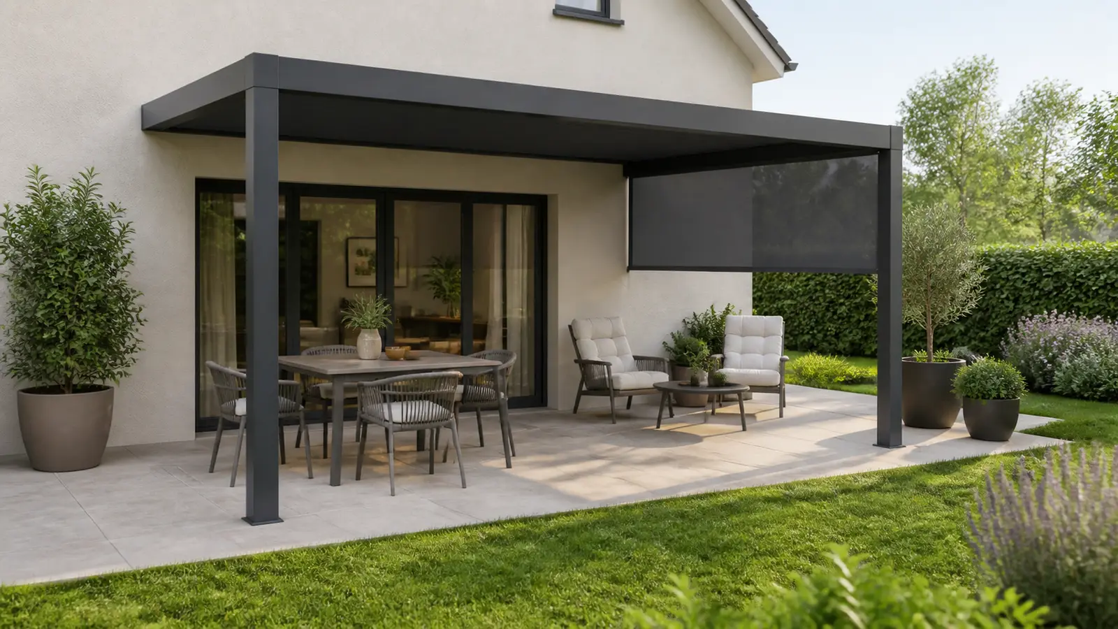 Pergola anthracite avec table, deux fauteuils, plantes et store latéral sombre devant un jardin