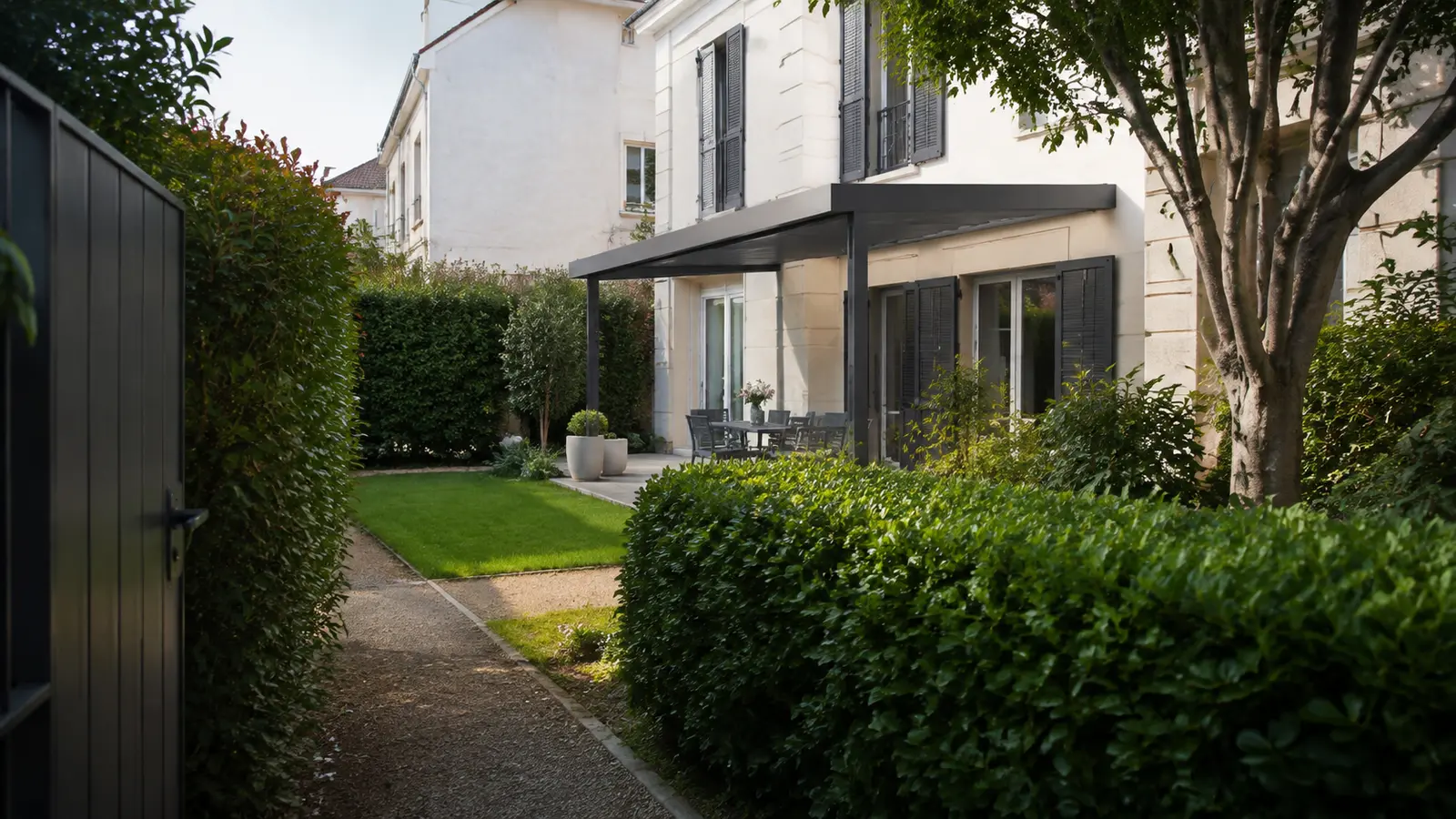Pergola adossée visible depuis une allée de jardin avec haies et maisons voisines