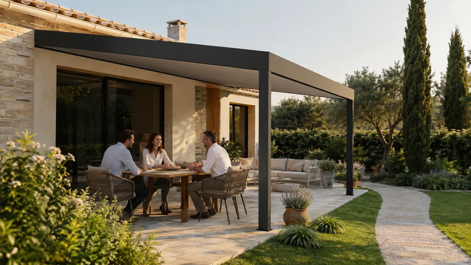 Trois personnes échangent autour d’une table sous une pergola avec salon et chemin de jardin