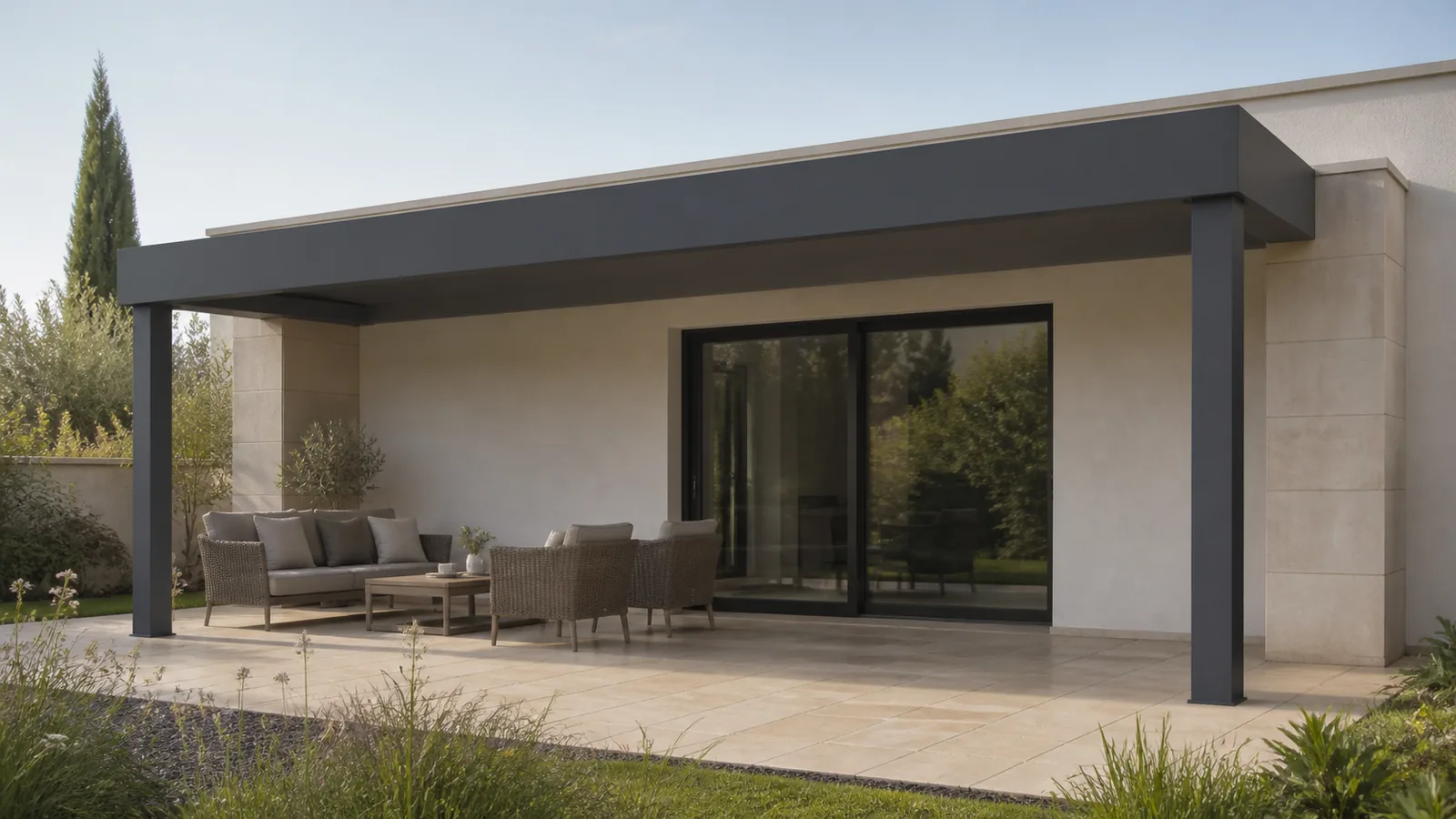Longue pergola adossée anthracite avec salon extérieur regroupé à gauche et terrasse libre à droite