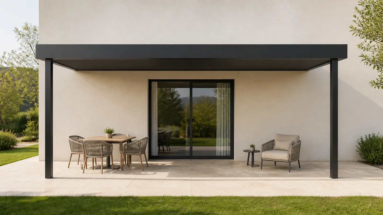 Petite table carrée avec quatre chaises et fauteuil séparé sous une longue pergola adossée