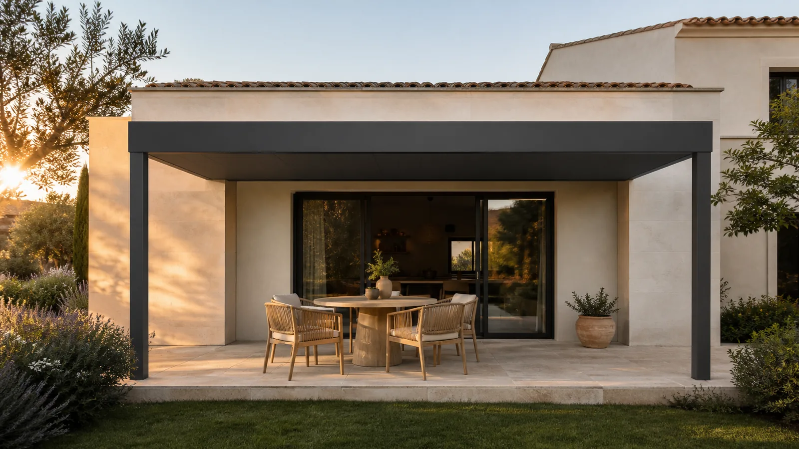 Pergola adossée avec table ronde éclairée par un soleil rasant venant du côté gauche du jardin