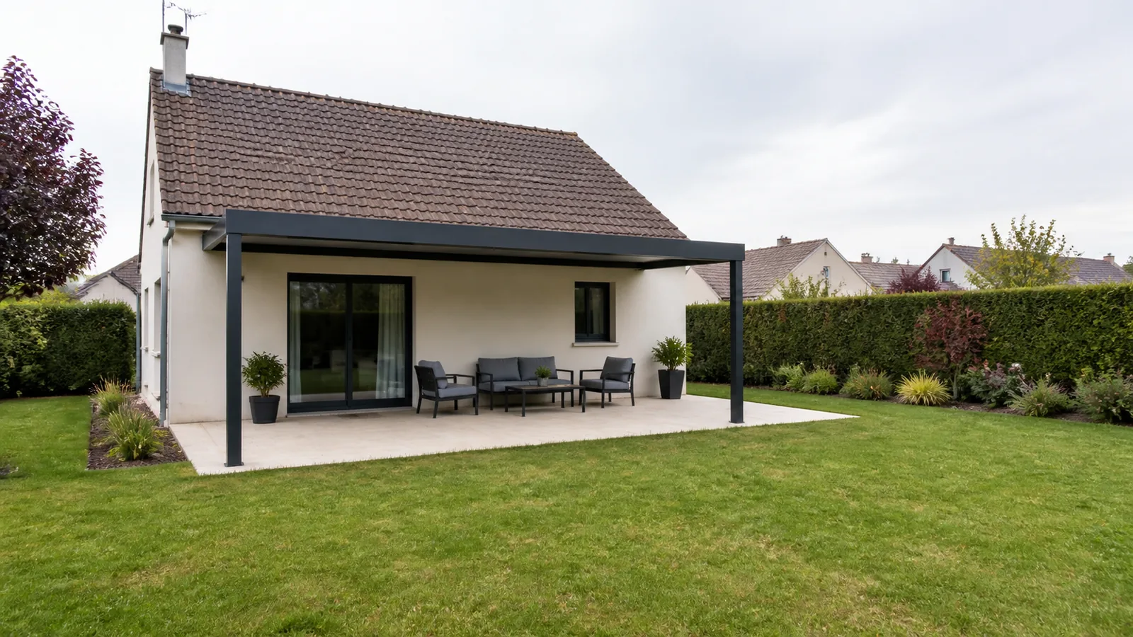 Maison française vue depuis le jardin avec pergola anthracite implantée devant la façade et haies voisines
