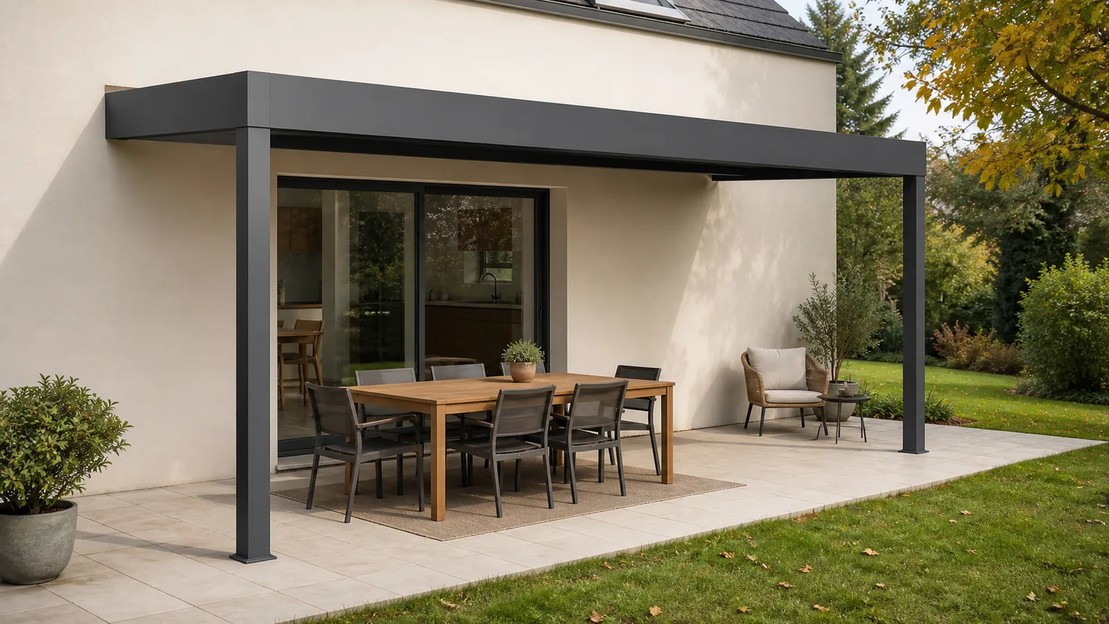 Terrasse sous pergola avec table de repas près de la baie, fauteuil isolé et passage ouvert vers le jardin