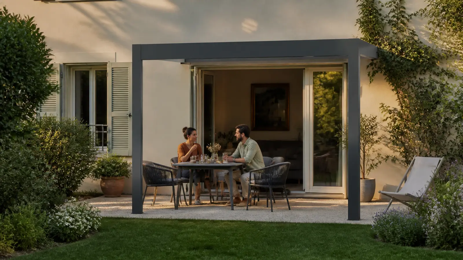 Couple attablé à l’ombre devant une baie ouverte sur un jardin ensoleillé